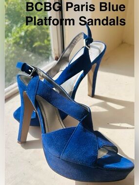 BCBG Royal Blue Faux Suede Platform Sandal Heels | Size:10